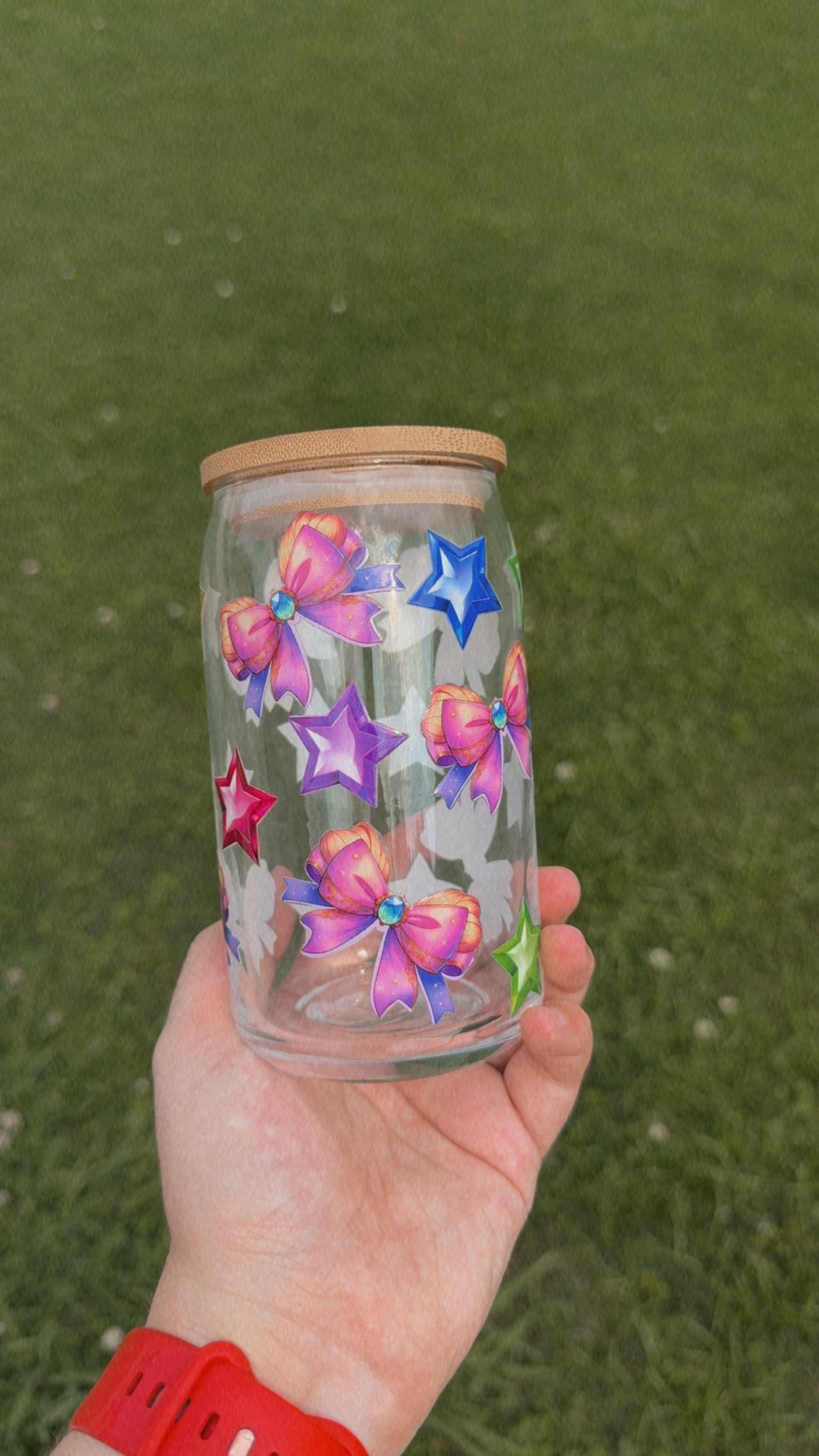 Rainbow Stars and Bows Glass Cup